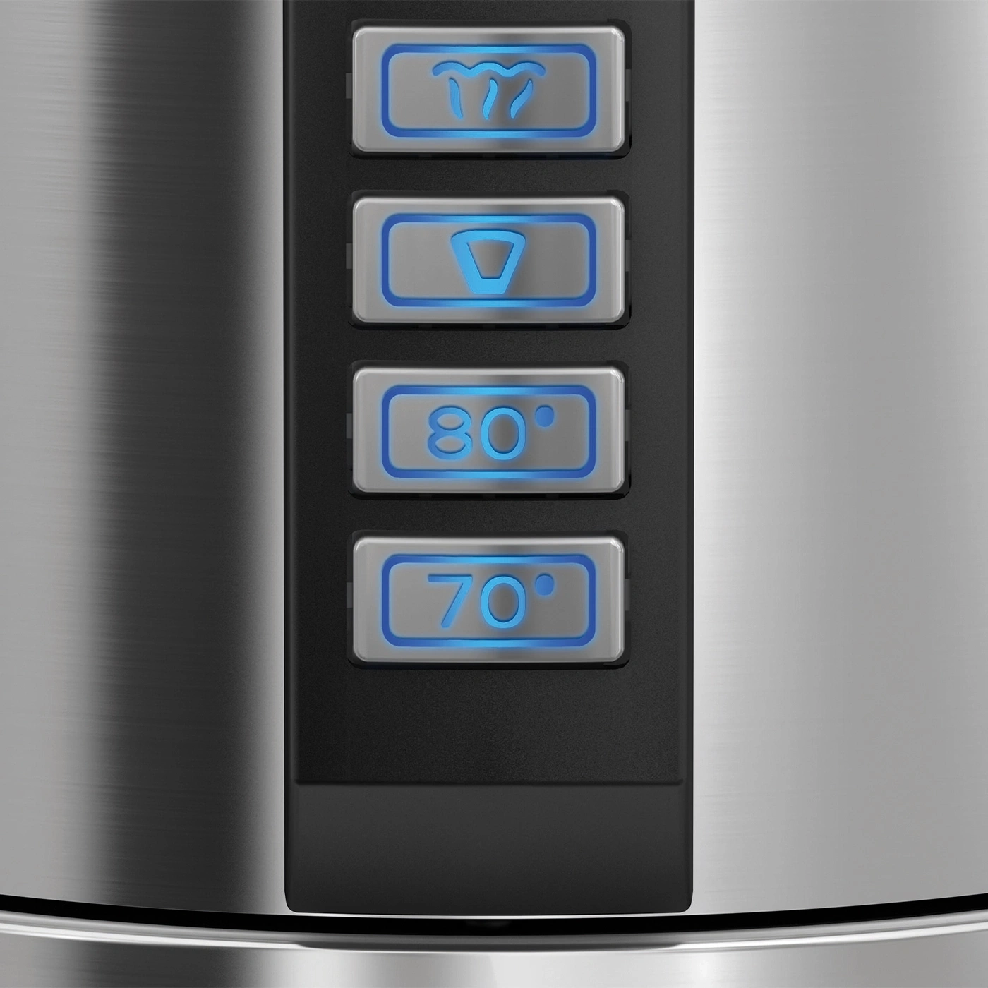 Close-up of a kettle's control panel with temperature display and various symbols