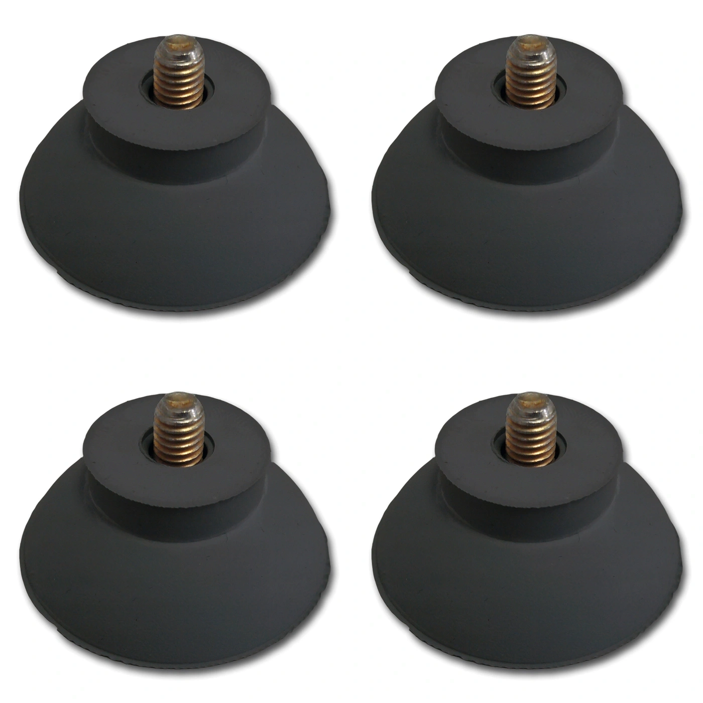 Four gray suction cups with screws, isolated on a white background.