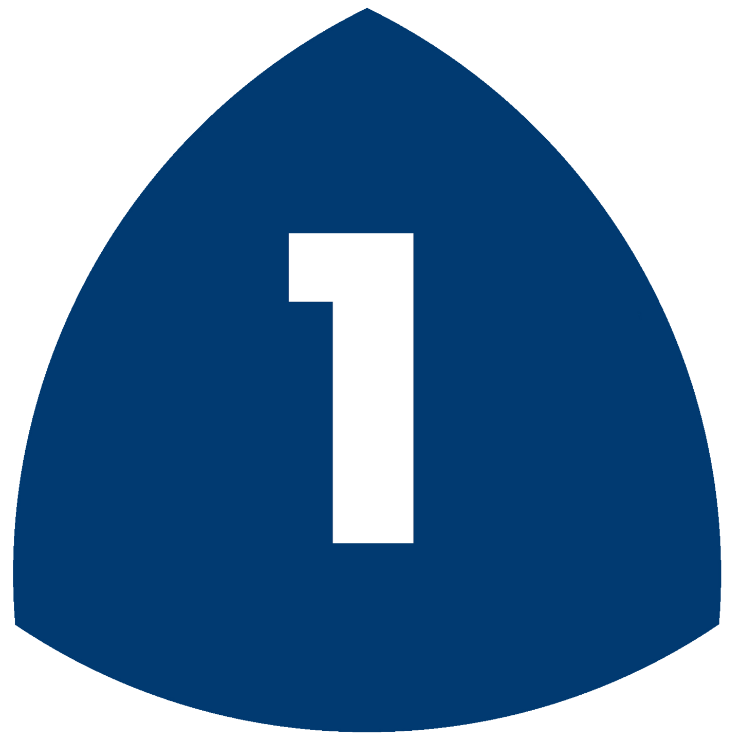 Blaues Dreieck mit weißer Zahl 1, Autobahnzeichen, Verkehrsschild