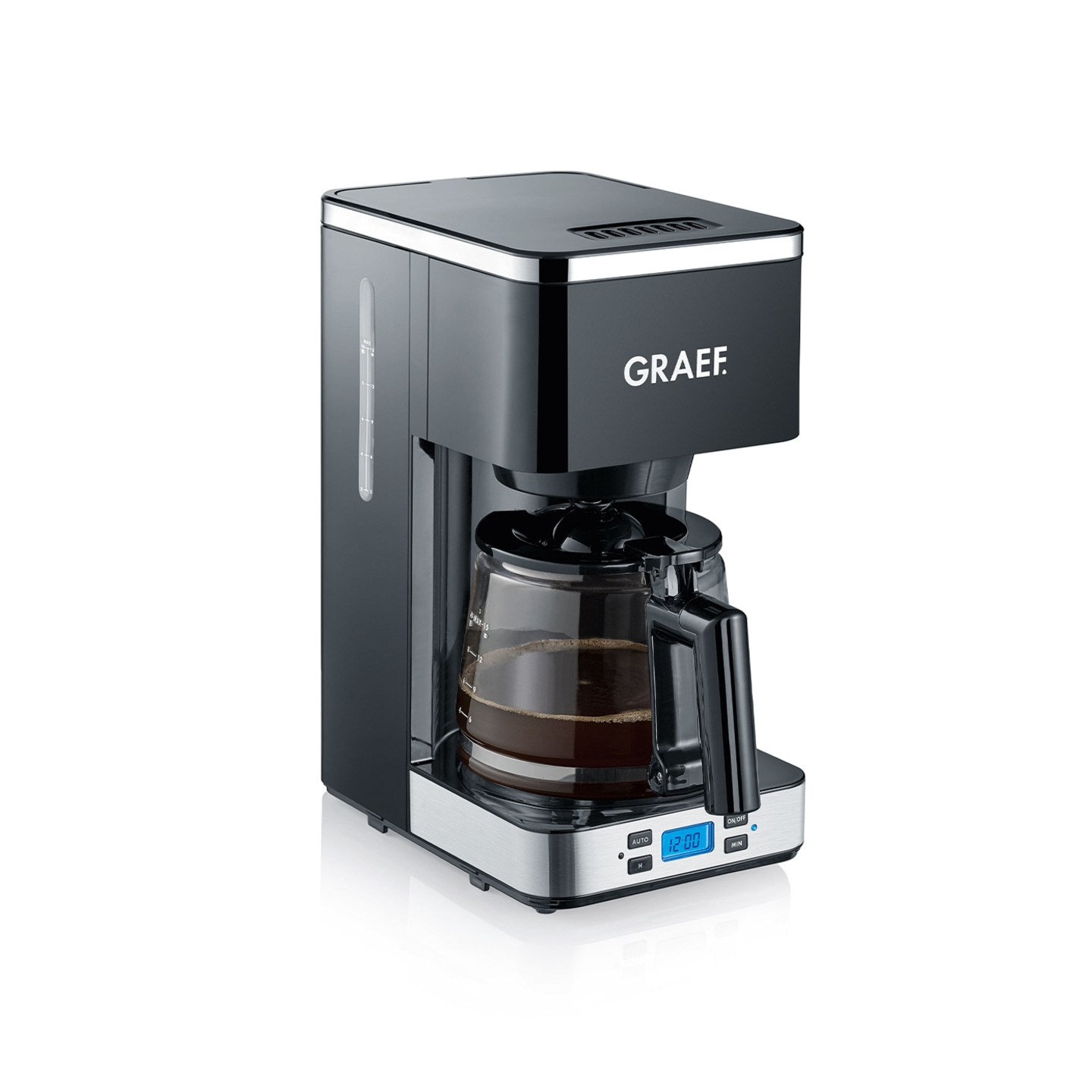 Schwarze Kaffeemaschine mit Glaskanne und digitaler Anzeige, GRAEF-Logo.