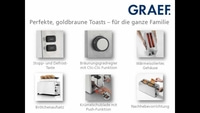 Toaster mit Funktionen: Stopp, Auftauen, Bräunungsregler, Krümelschublade, Aufsatz, Hebefunktion.
