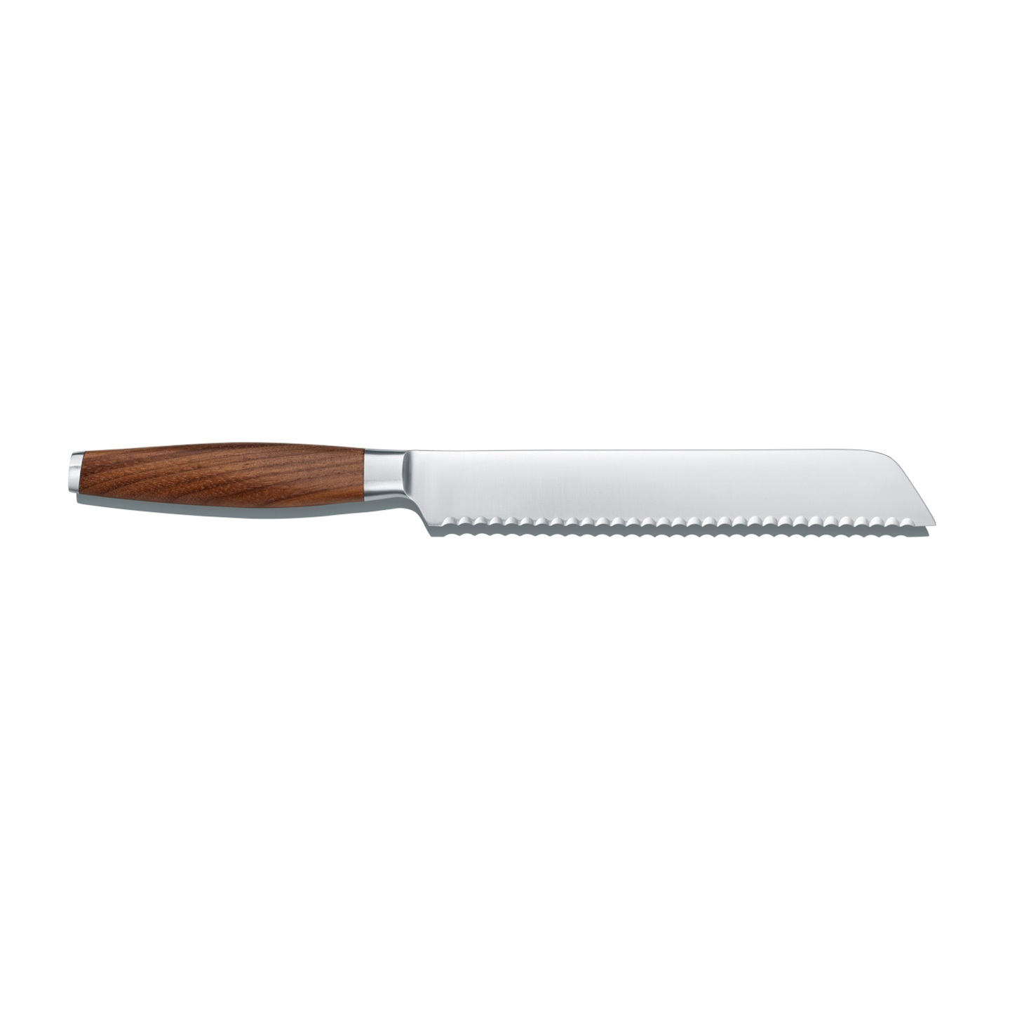 Bread knife with wooden handle on white background, sharp and clean
