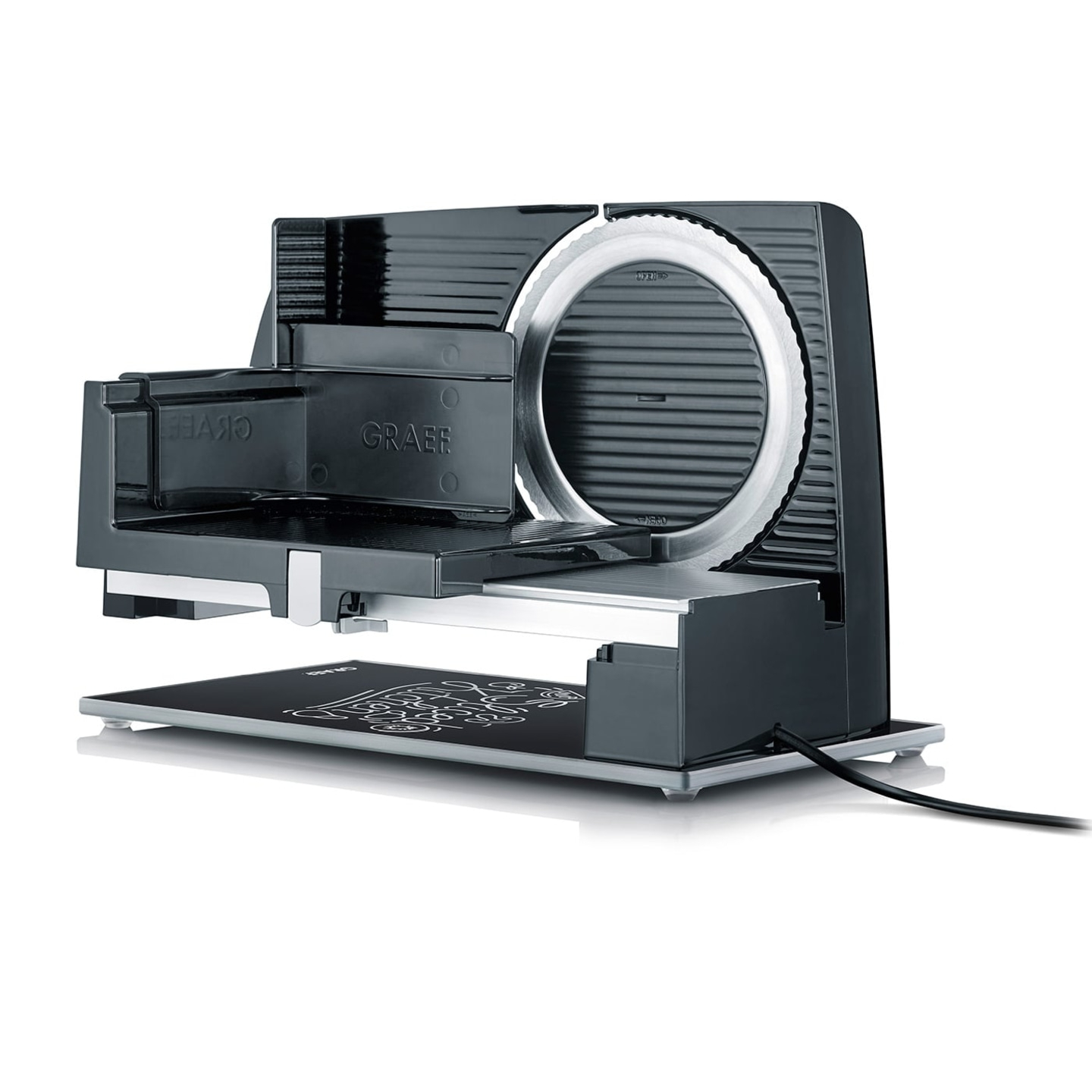 Schwarze elektrische Aufschnittmaschine mit Schneidmesser und Schneidebrett, Graef-Logo.