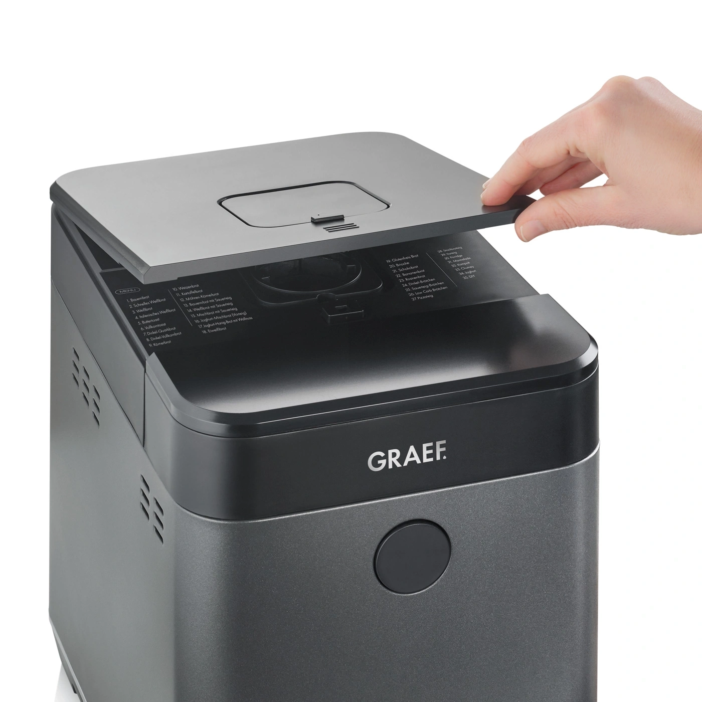 Graef Brotbackautomat mit geöffnetem Deckel und Menüauswahl.