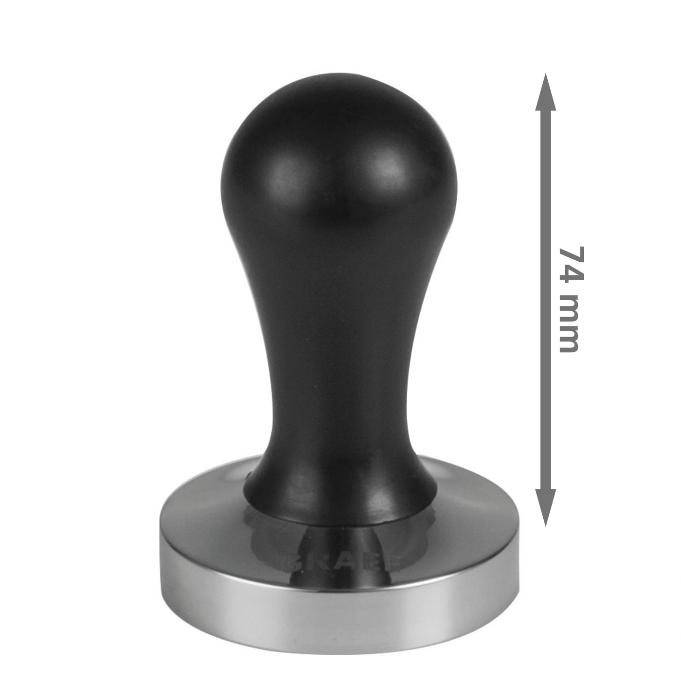 Black coffee tamper with 74 mm measurement, used for espresso preparation.