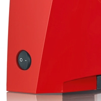 Red switch on a red housing, with on/off symbols on the side.