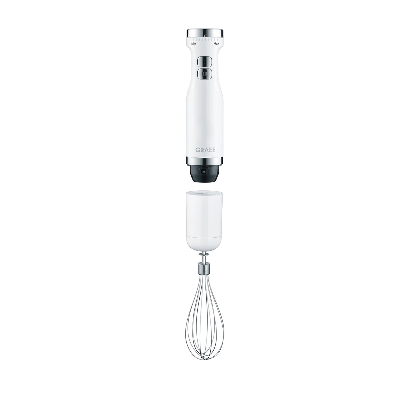 White hand blender with whisk attachment, GRAEF brand, isolated on white background.
