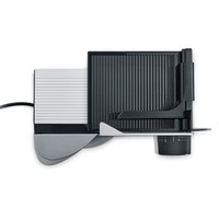 Electric food slicer, black, gray, detail shot, isolated, white background, kitchen appliance