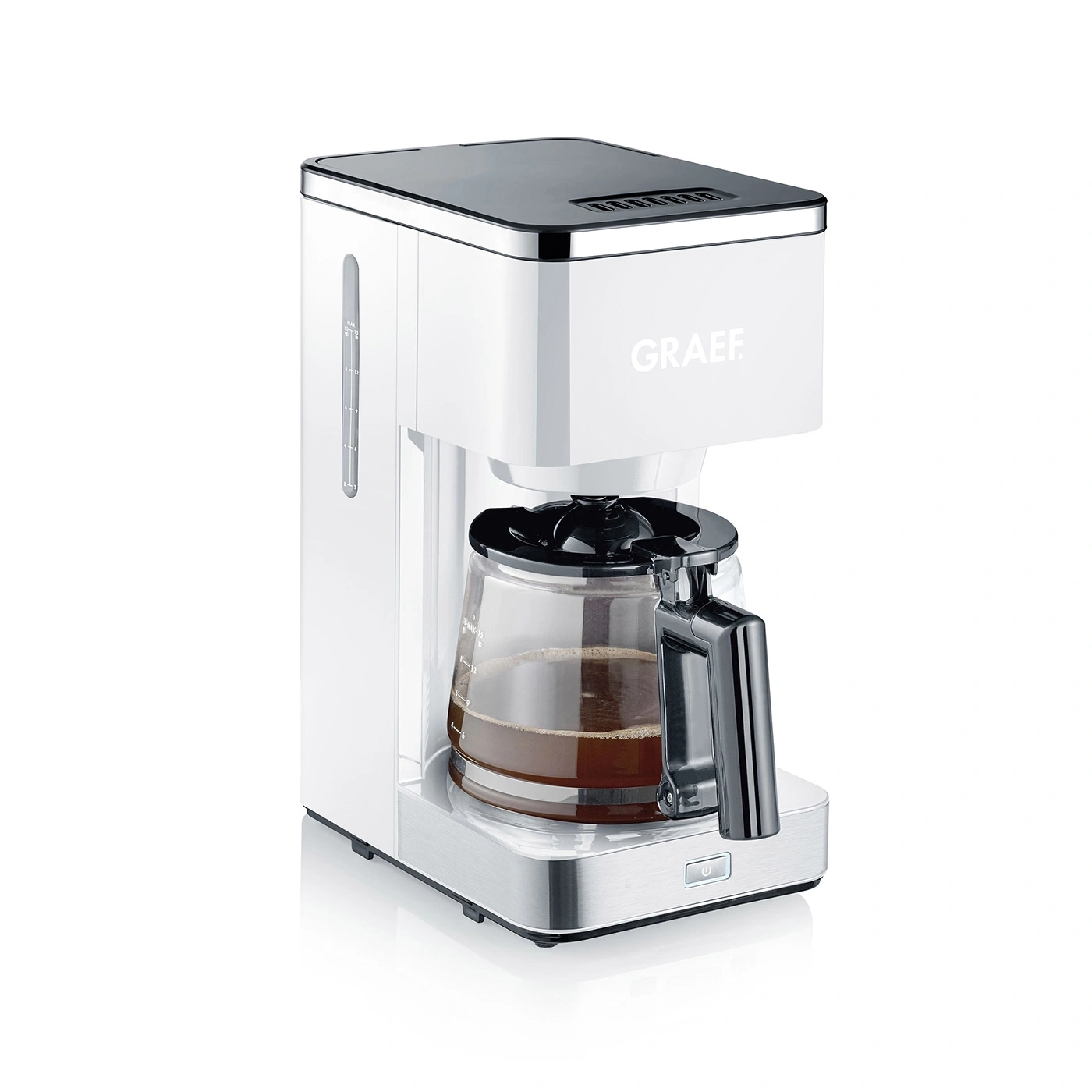White coffee machine with glass carafe and GRAEF logo, modern design and style.