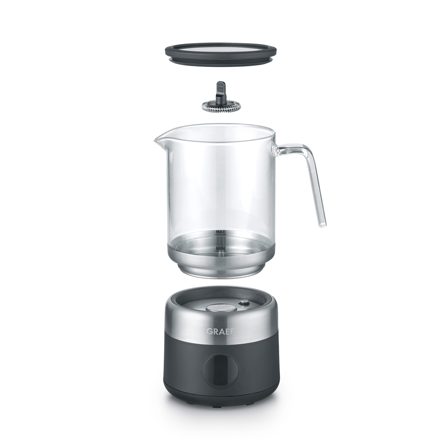 Explodierte Ansicht eines Milchaufschäumers mit Glasbehälter und Deckel