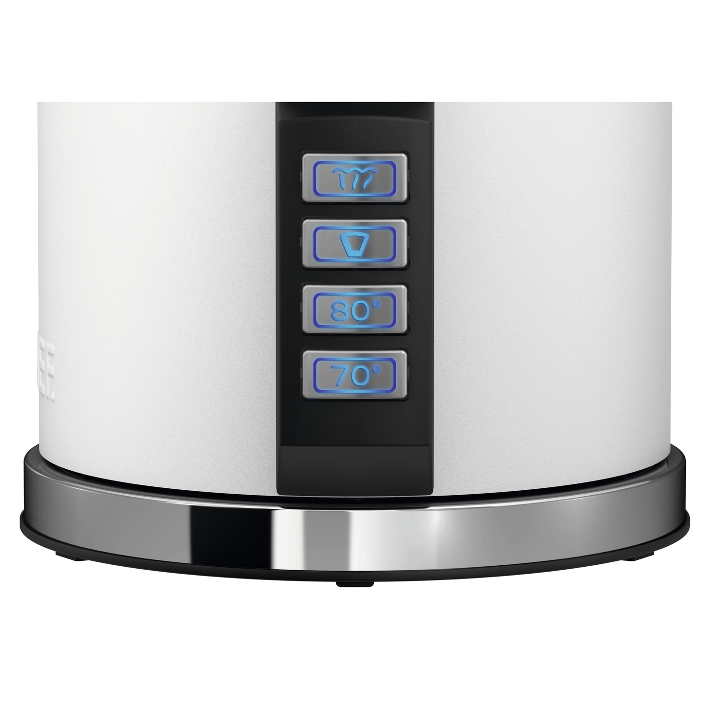 Weißer Wasserkocher mit Temperaturanzeige und blauer Beleuchtung.