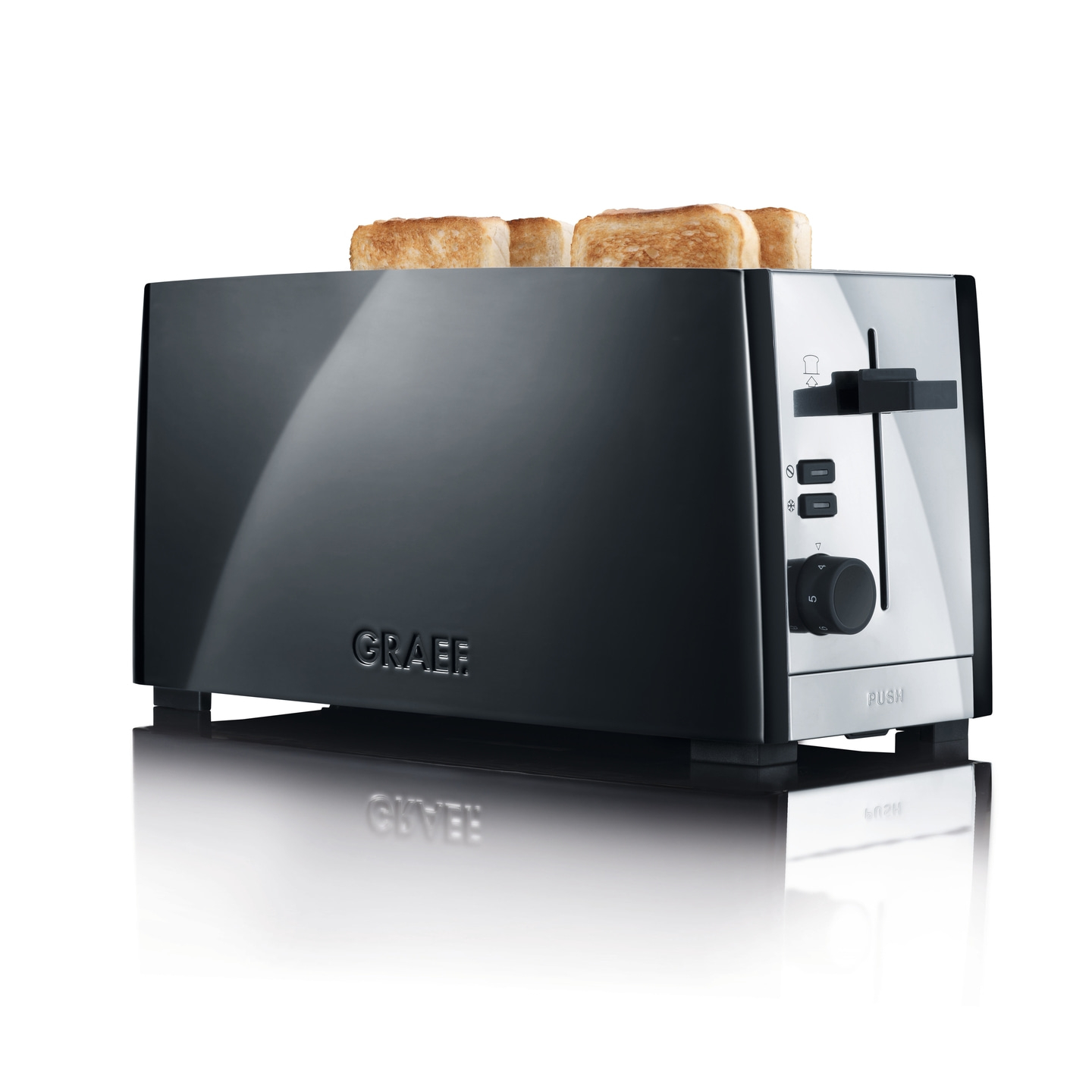 Schwarzer Toaster mit Toastbrotscheiben, die aus dem Toaster herausragen.