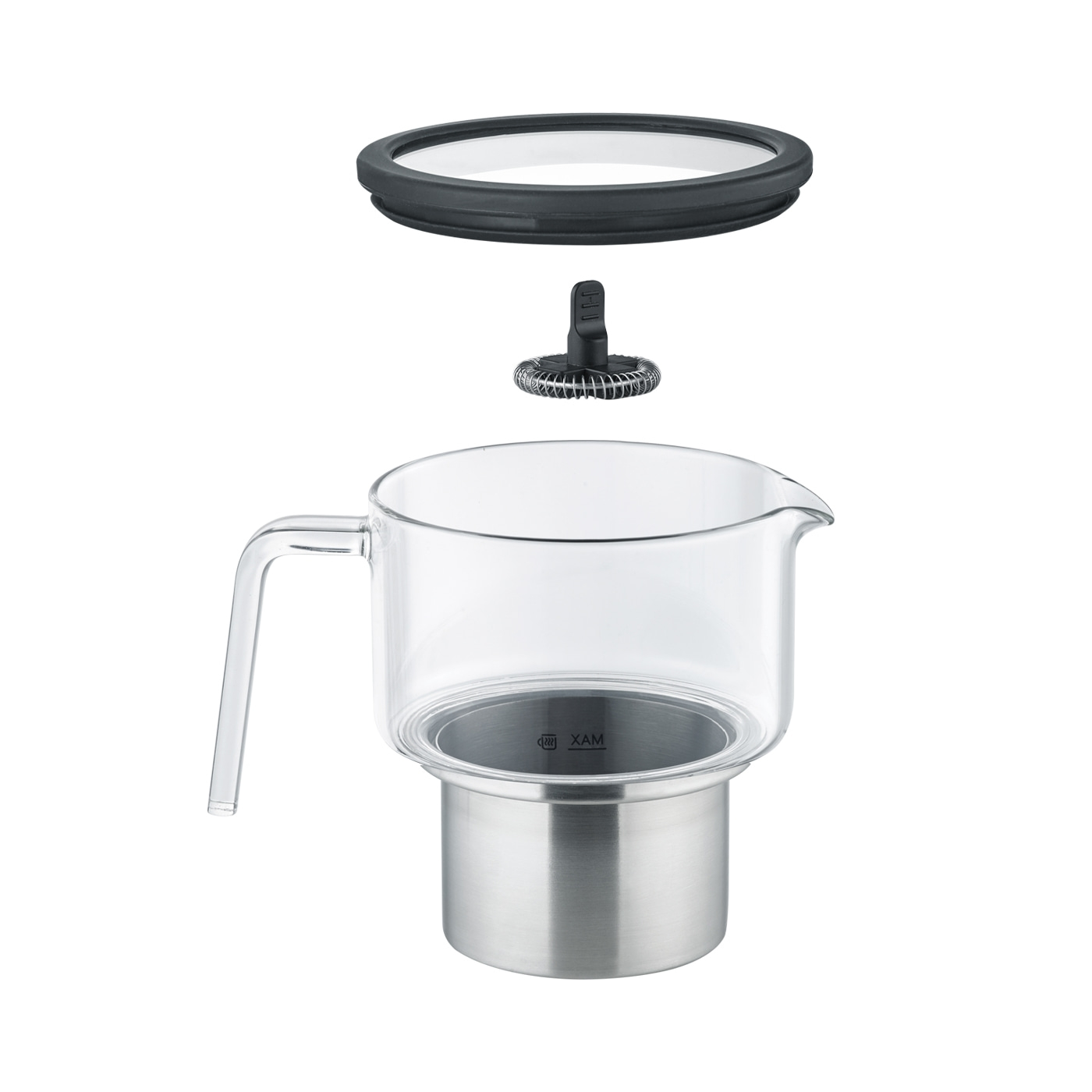 Glasbehälter mit Deckel und Quirl, isoliert auf weißem Hintergrund