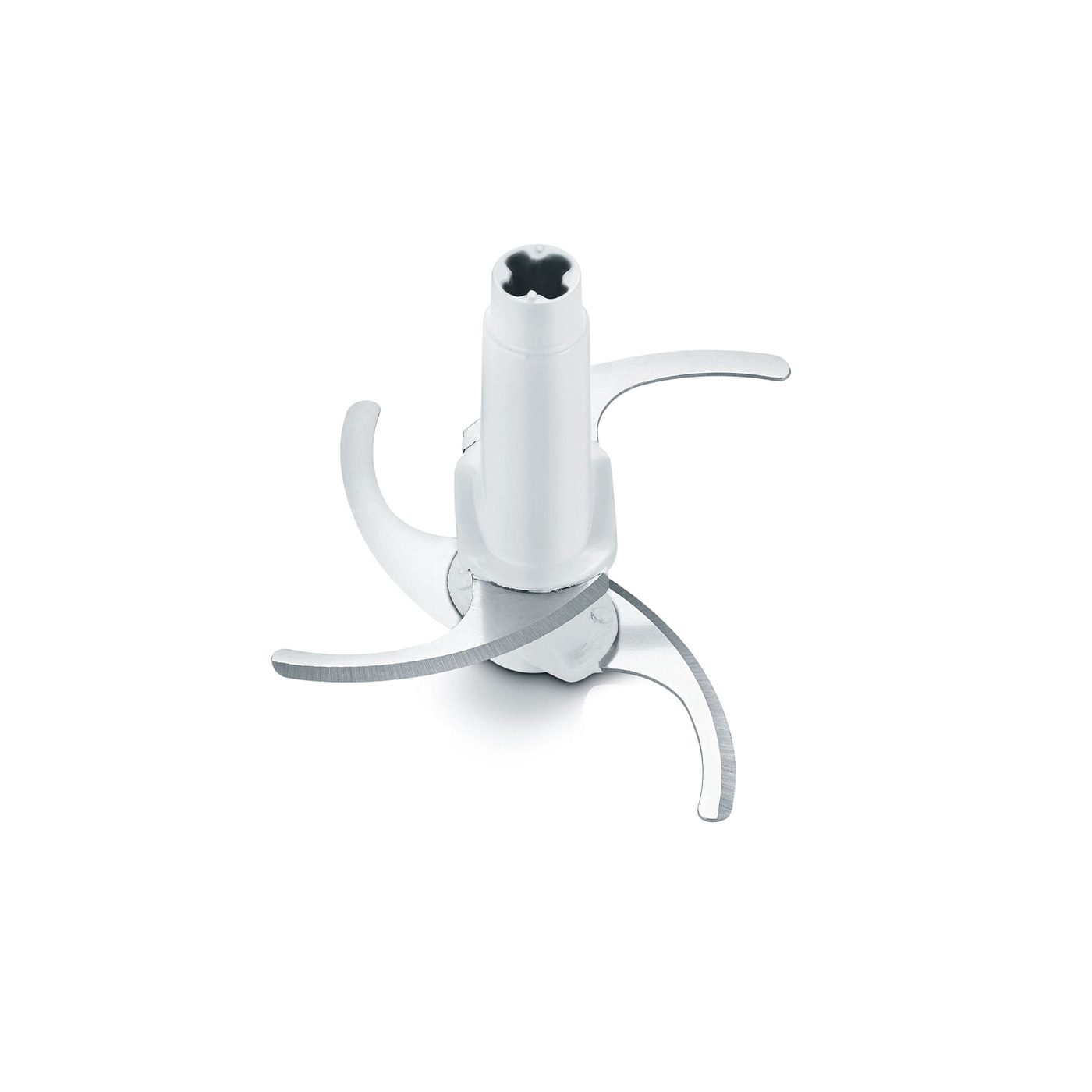 White kitchen appliance with sharp blades isolated on white background, close-up.