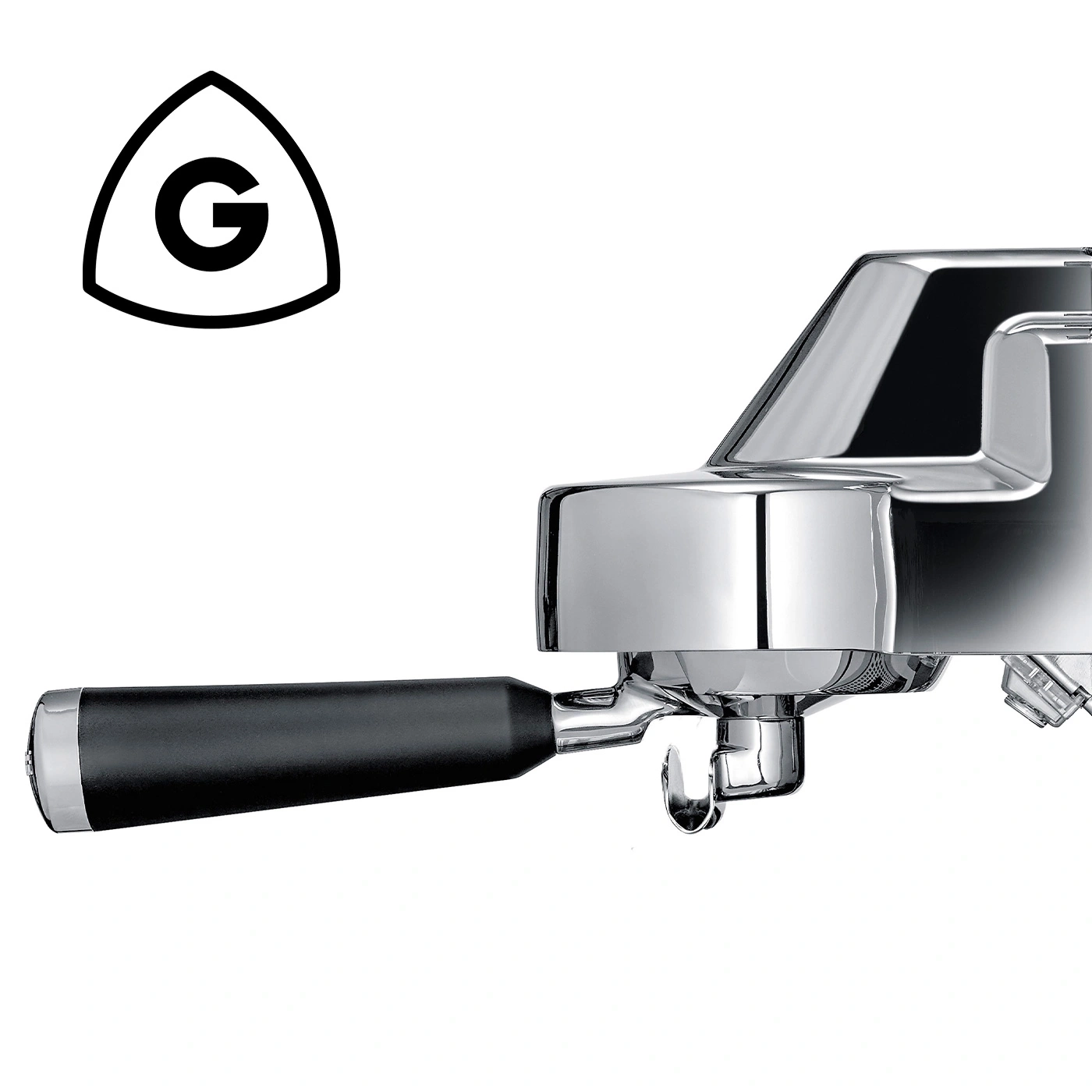 Kaffeemaschinenteil mit Logo und schwarzem Griff