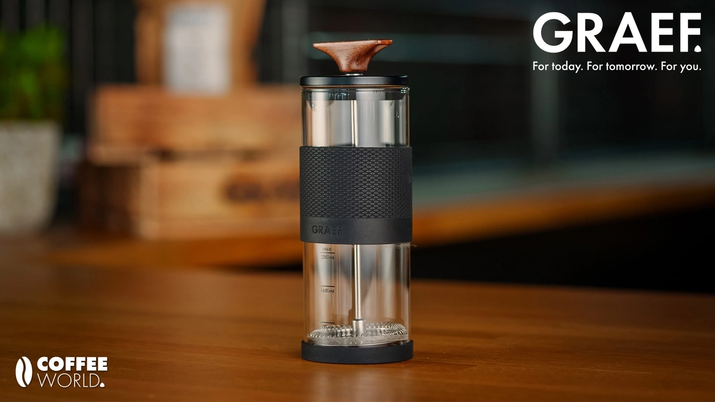 GRAEF coffee maker with wooden handle and measurement markings.