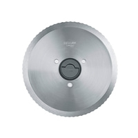 Kreismesser mit gezahntem Rand und schwarzem Knopf in der Mitte, RSG Solingen