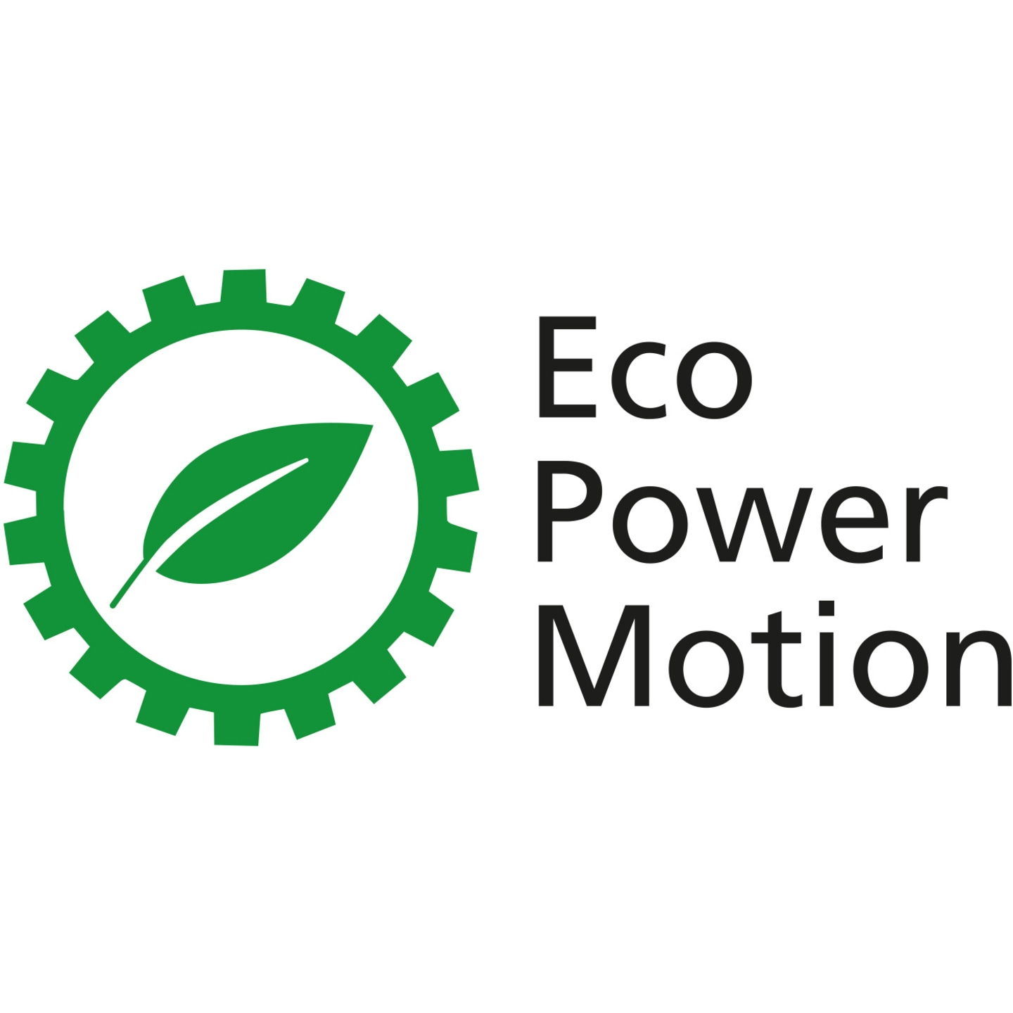 Öko-Power-Motion-Logo mit Zahnrad, Blatt und Text