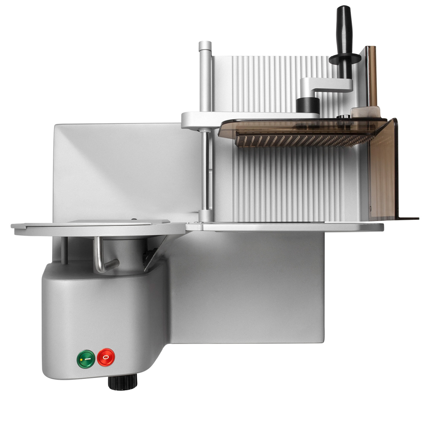 Meat slicer, silver, with control panel and blade, close-up, isolated