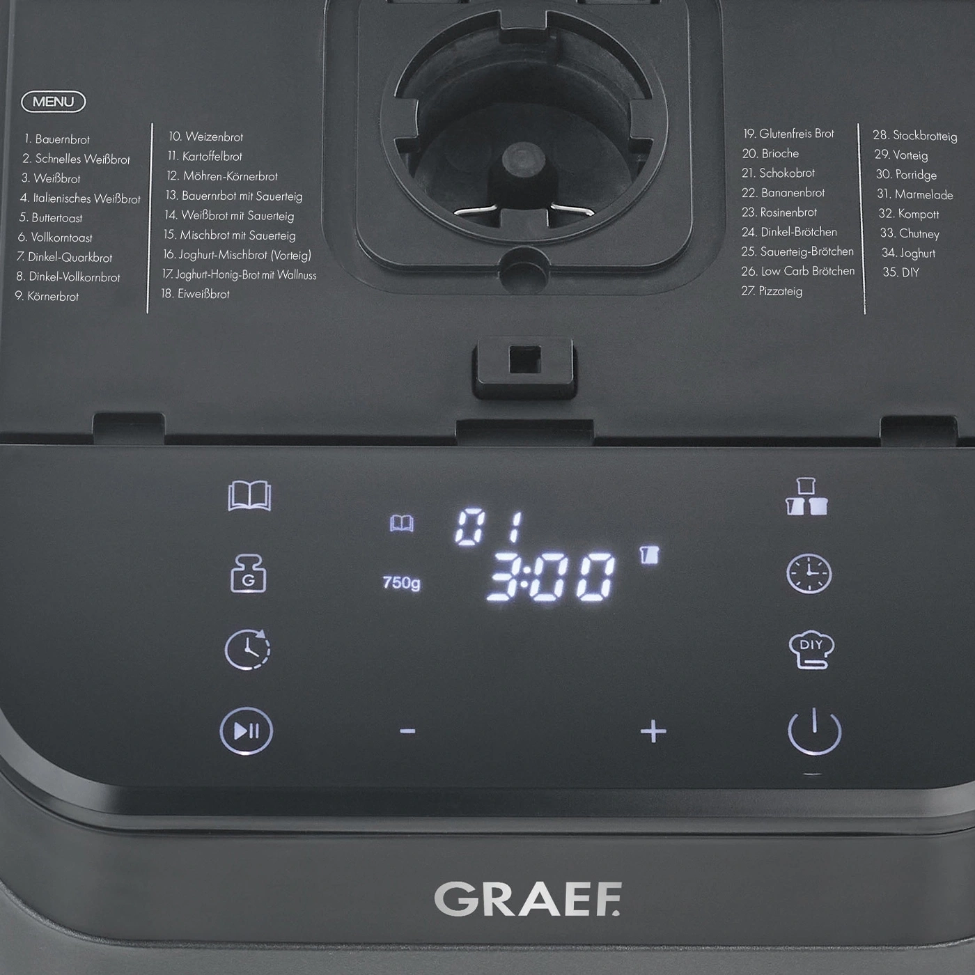 Brotbackautomat mit Menüauswahl und digitaler Anzeige.