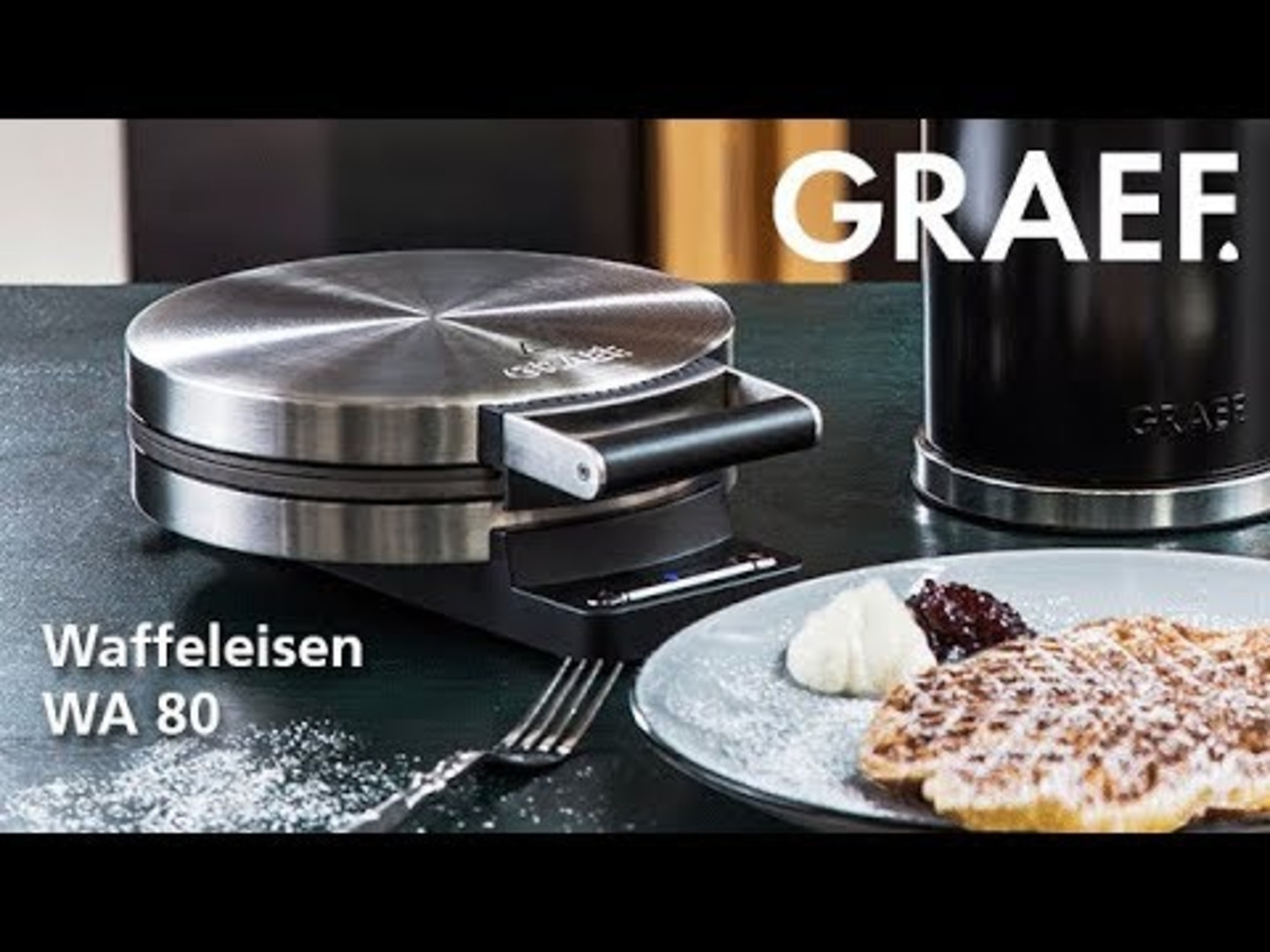 Waffeleisen WA 80, GRAEF, Waffel, Teller, Puderzucker, Gabel, Essen, Küche, Gerät