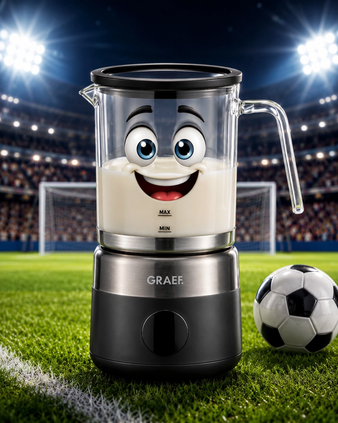 Ein Milchaufschäumer mit Grimasse auf einem Fußballfeld mit Stadion im Hintergrund.