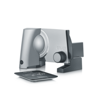Silver Graef food slicer with digital scale on a white reflective surface