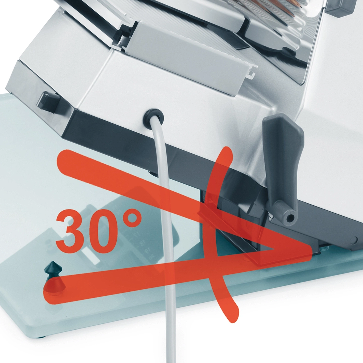 Meat slicer with 30-degree angle, detail shot, red marking, angle indicator