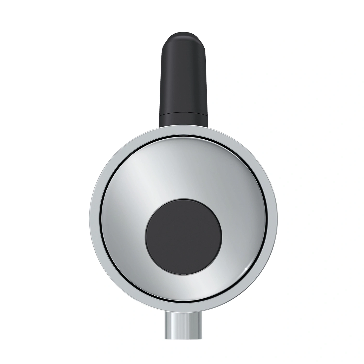Chrome design with black button and black handle, close-up, isolated