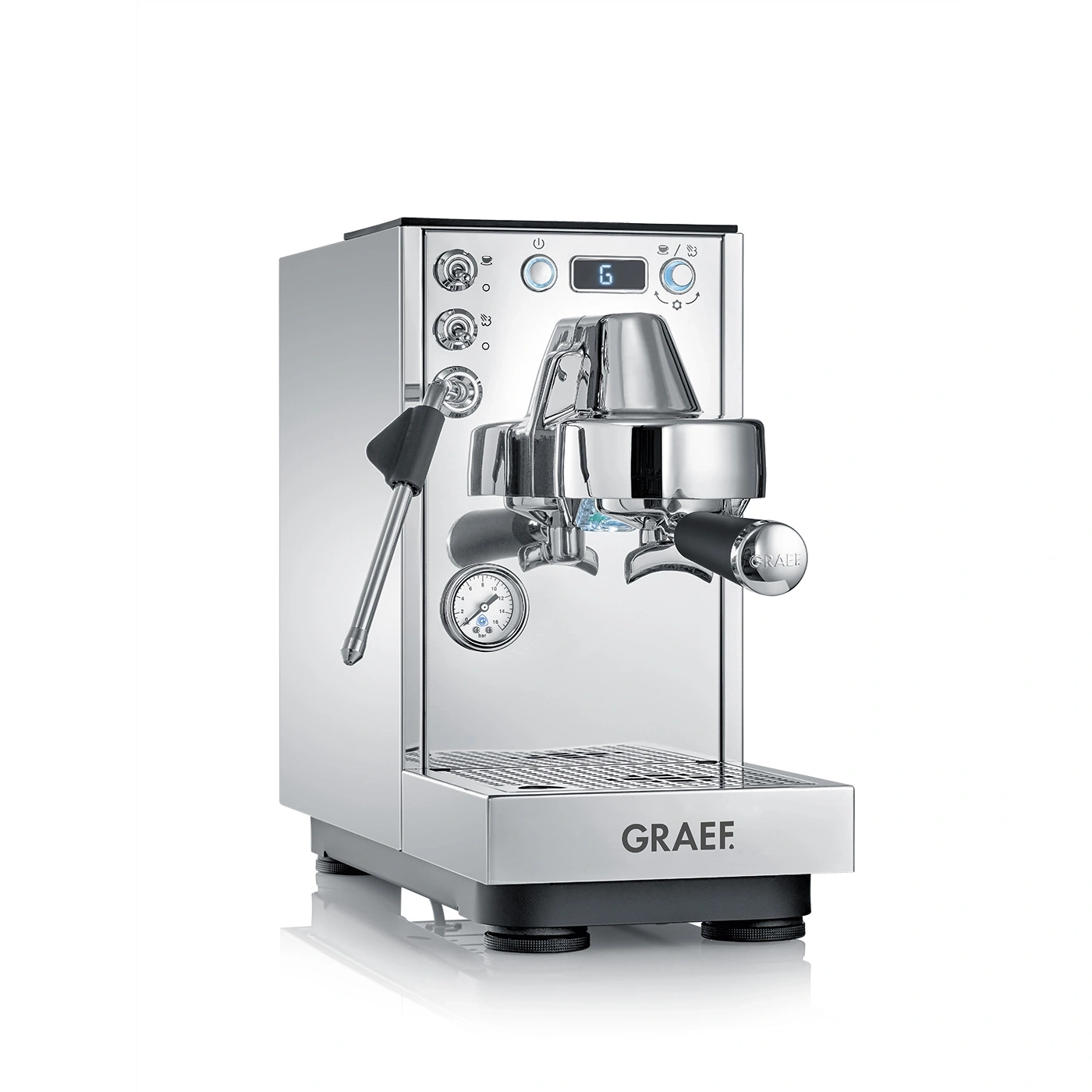 A shiny chrome espresso machine with a black handle and pressure gauge.