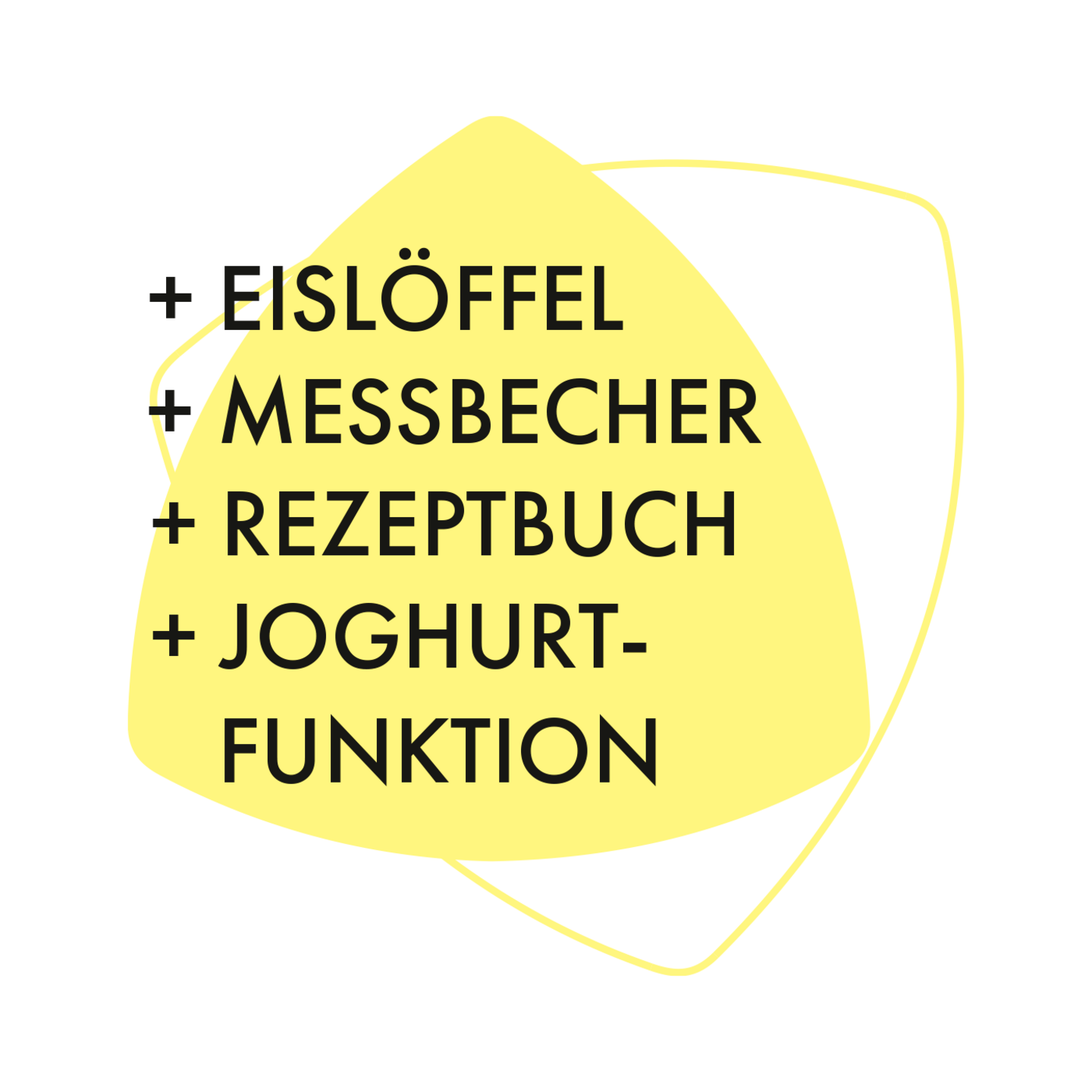 Gelbes Dreieck mit Text: Eislöffel, Messbecher, Rezeptbuch, Joghurt-Funktion