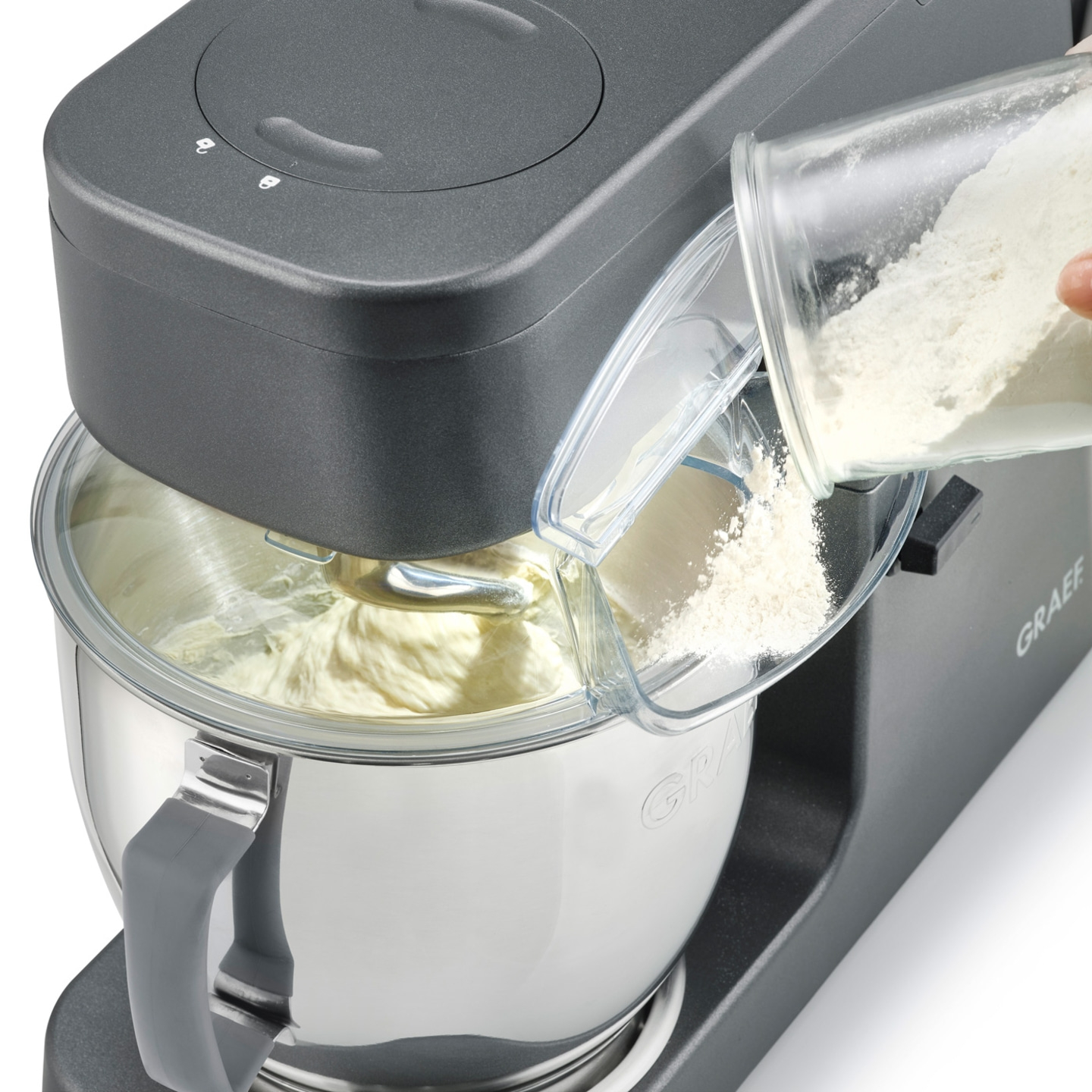 Küchenmaschine mit Mehlzugabe, Teig, Edelstahl, grau, transparent, Kochen, Backen
