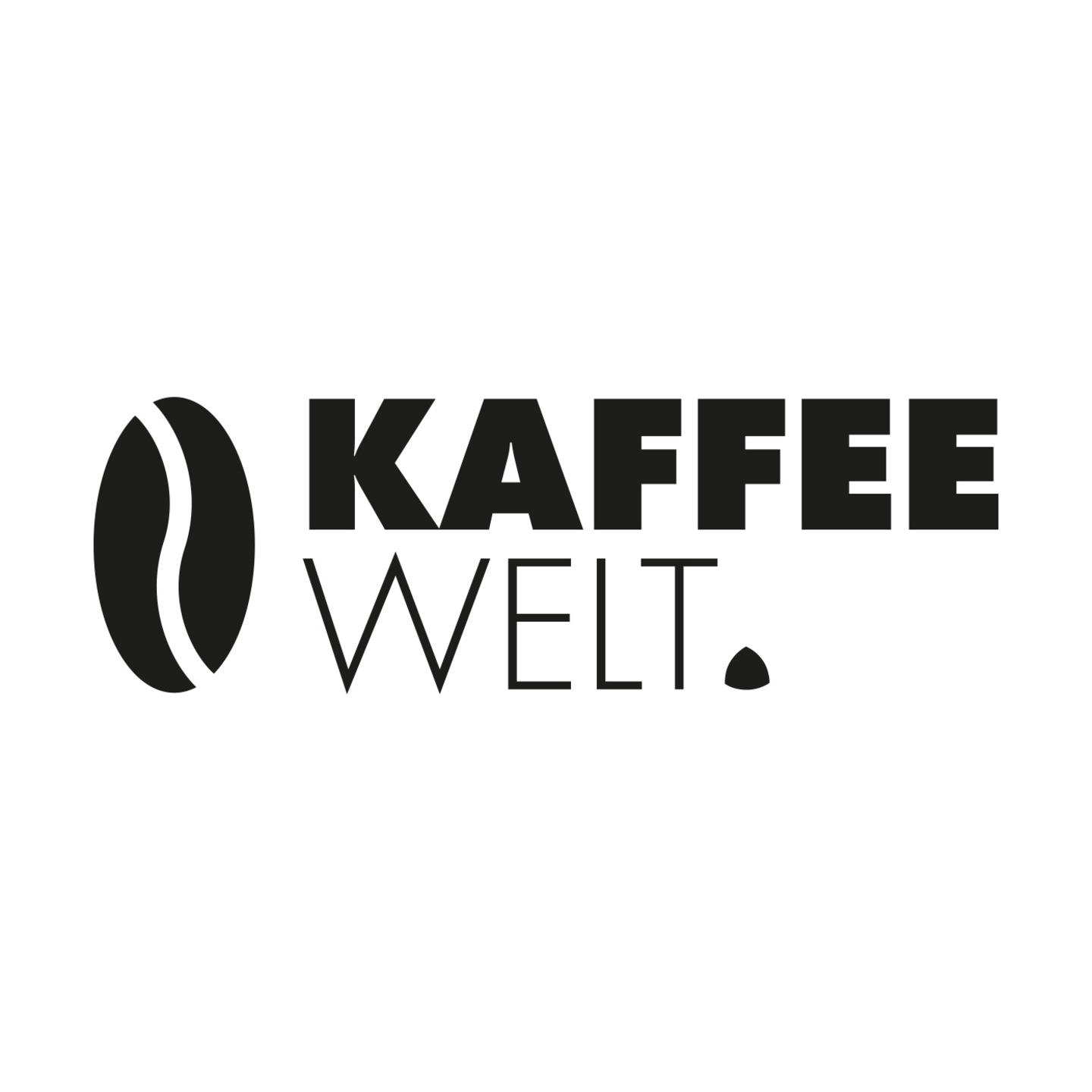 Kaffee Welt logo: coffee bean and text in black on a white background.