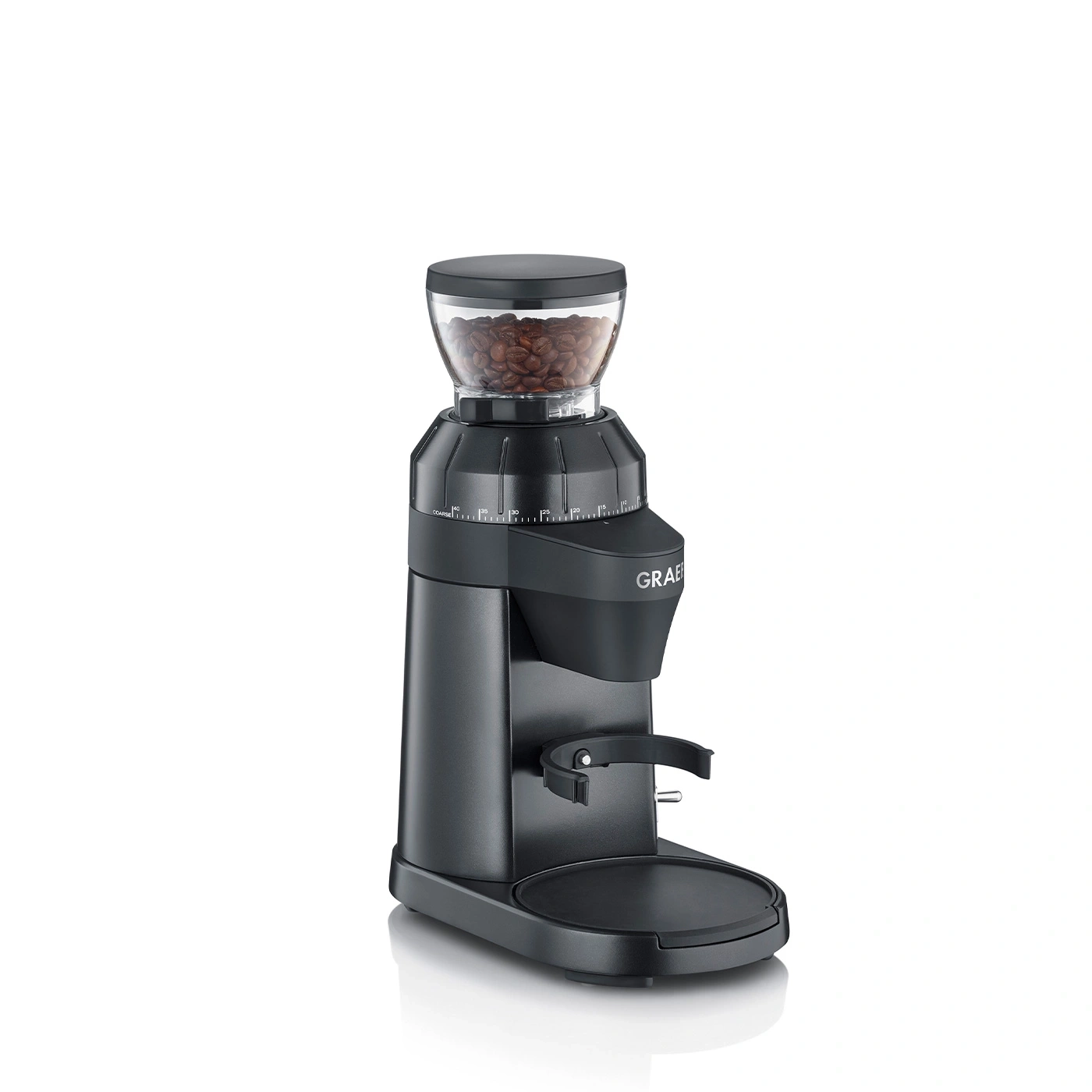 Black coffee grinder with beans, GRAEF logo, grind size setting, bean container
