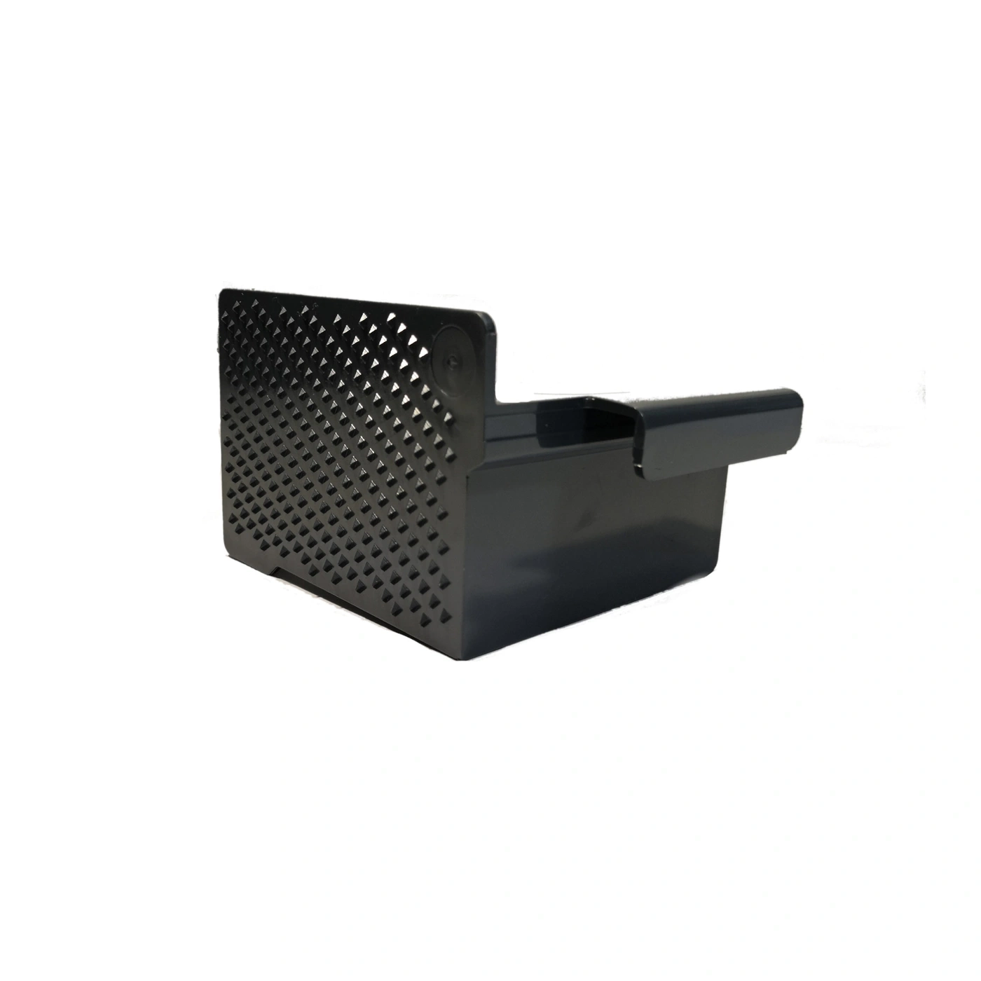 Black plastic container with holes and handle, isolated on white background.
