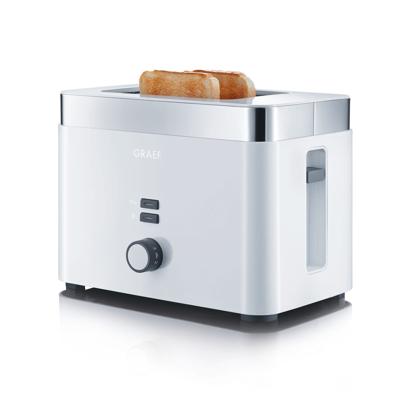 Weißer Toaster mit zwei Toastscheiben, Marke Graef, mit Knöpfen und Hebel.