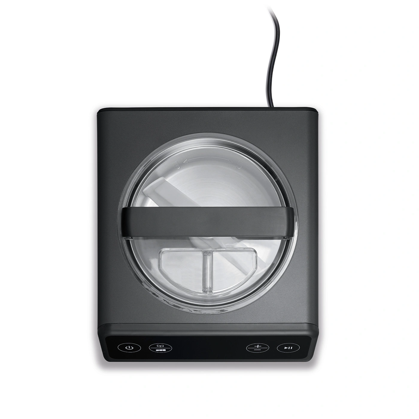 Gray ice cream maker with buttons, transparent lid, and power cord