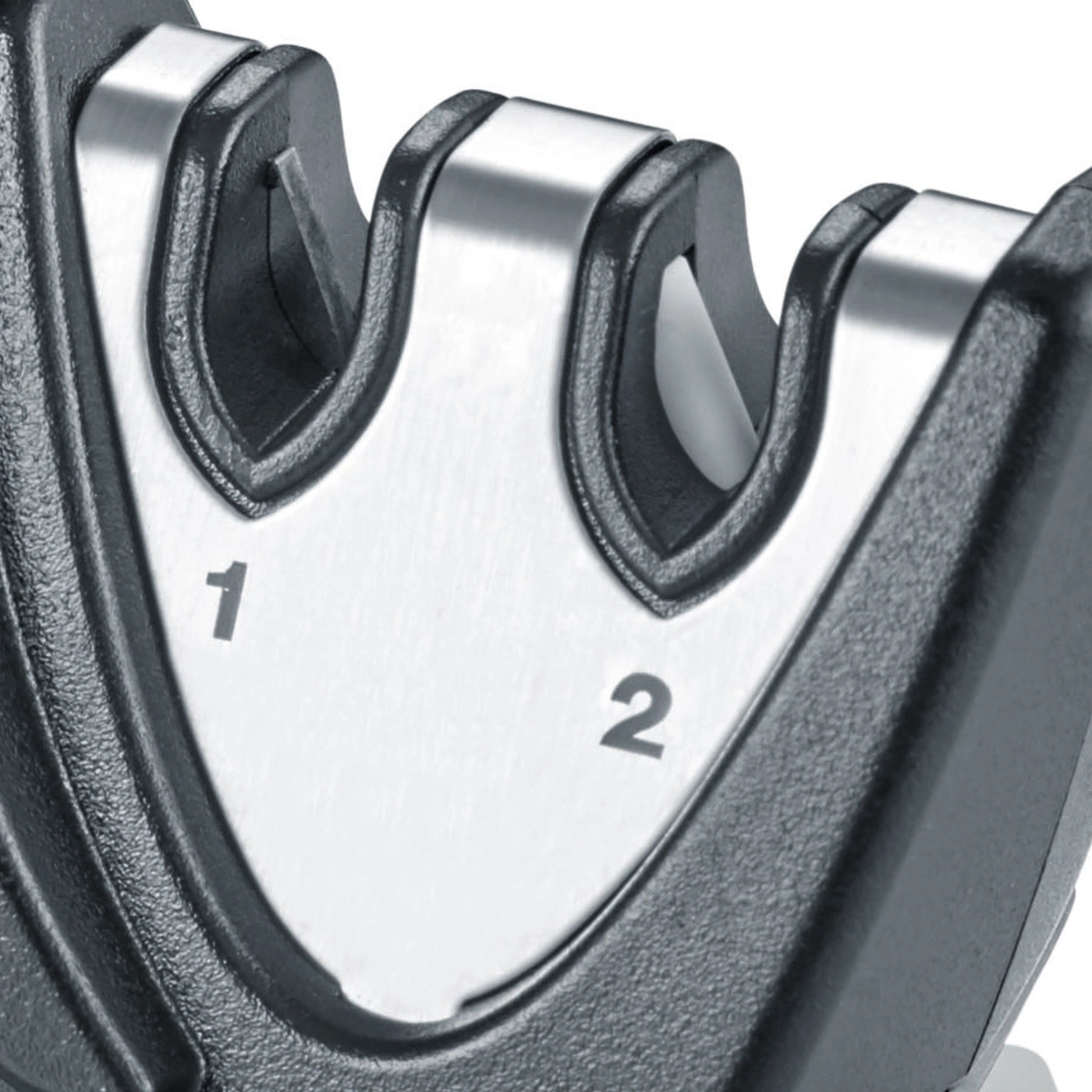 Knife sharpener with two slots, marked with the numbers 1 and 2.