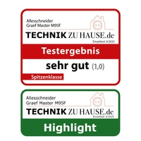 Embleme von Technik zu Hause.de für einen Allesschneider mit Testergebnis sehr gut und Highlight.
