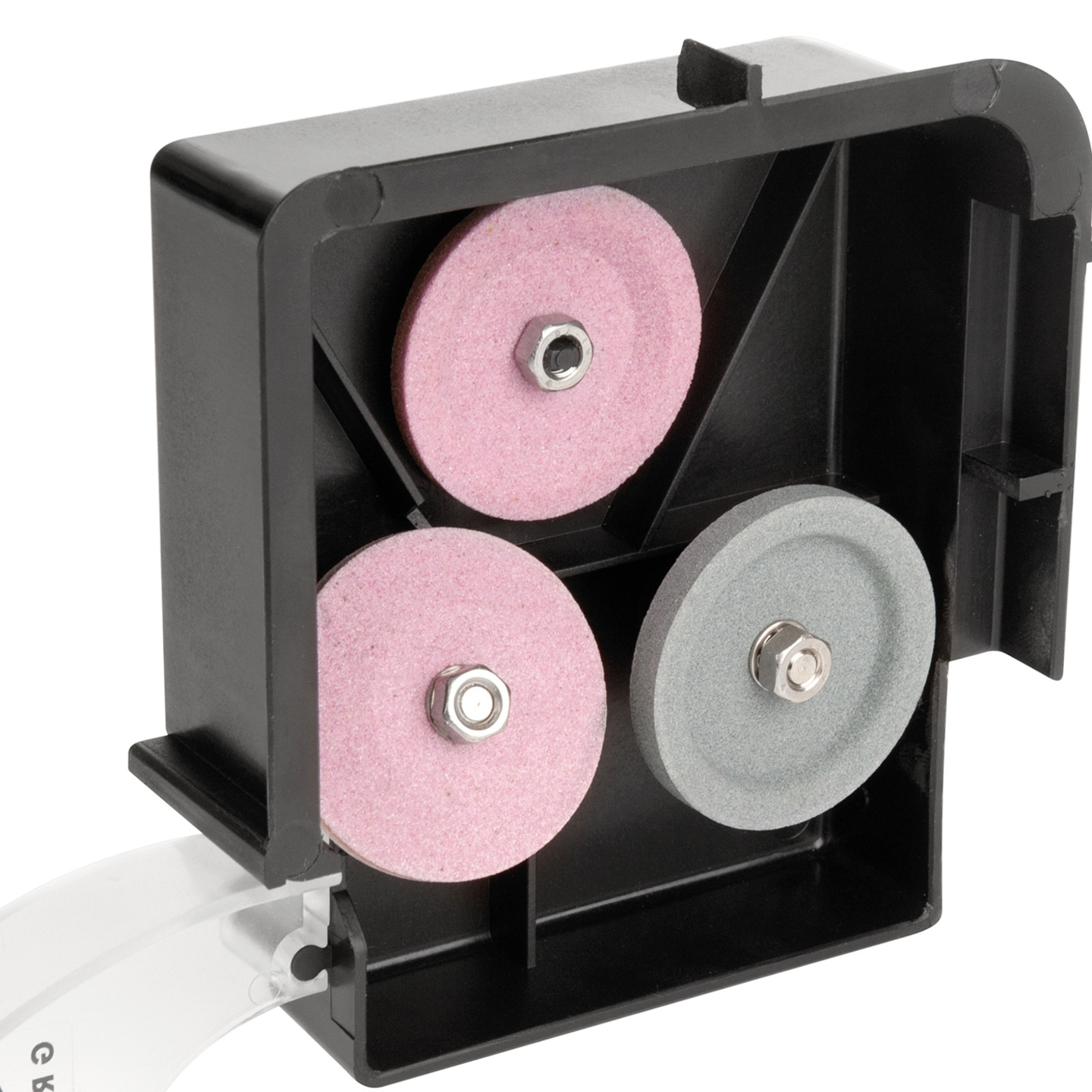 Schwarzer Schleifsteinhalter mit drei Schleifscheiben für Werkzeuge.
