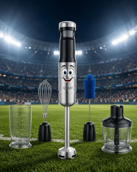 Stabmixer mit Augen und Mund auf einem Fußballfeld
