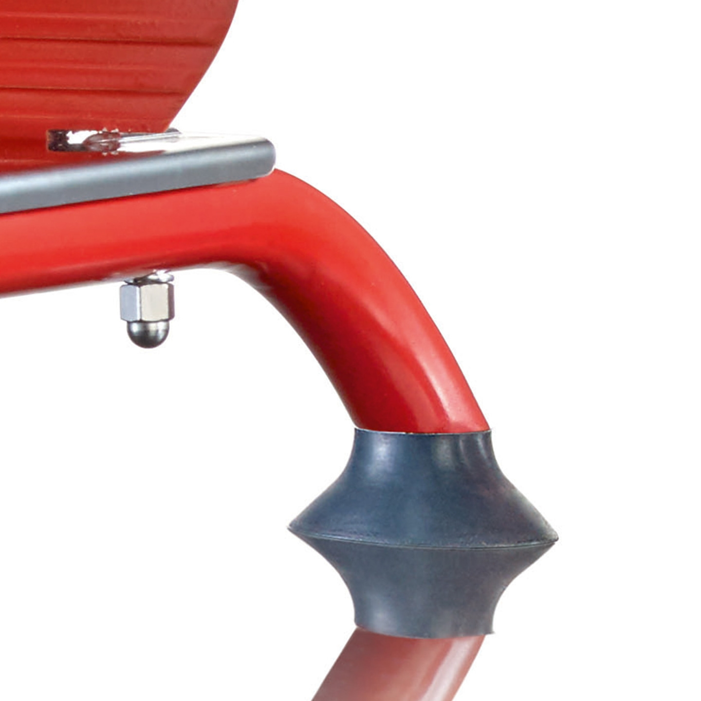 Roter Metallrahmen mit Gummifuß und Schraube, Detailaufnahme, Nahaufnahme, isoliert