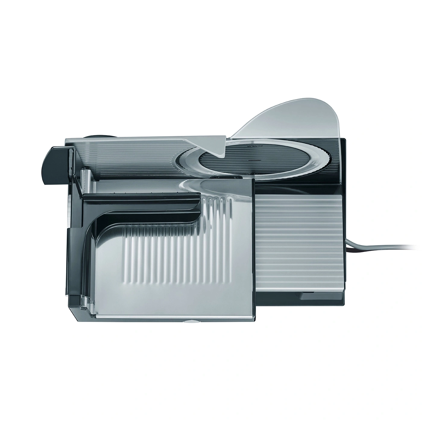 An electric meat slicer with silver and black accents stands on a white background.