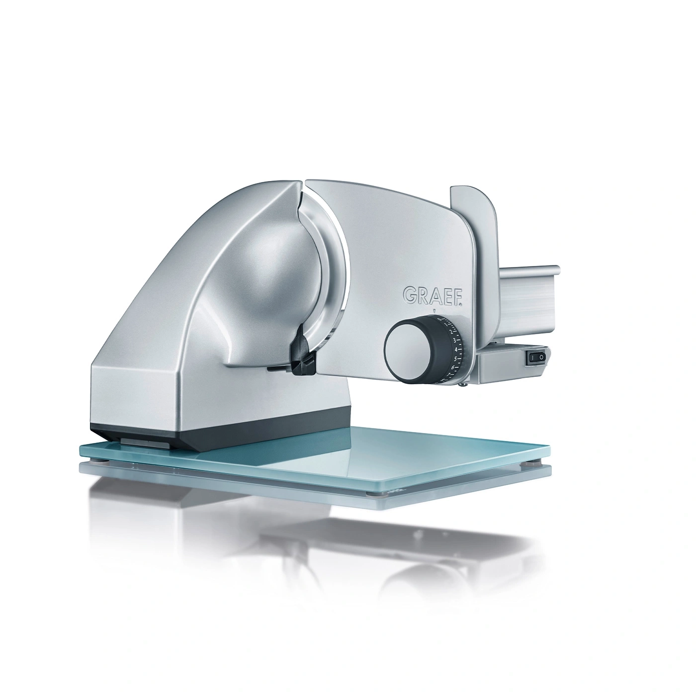 Graef slicer, silver, with glass plate, detail shot, isolated on white background