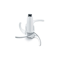 White kitchen appliance with sharp blades isolated on white background, close-up.