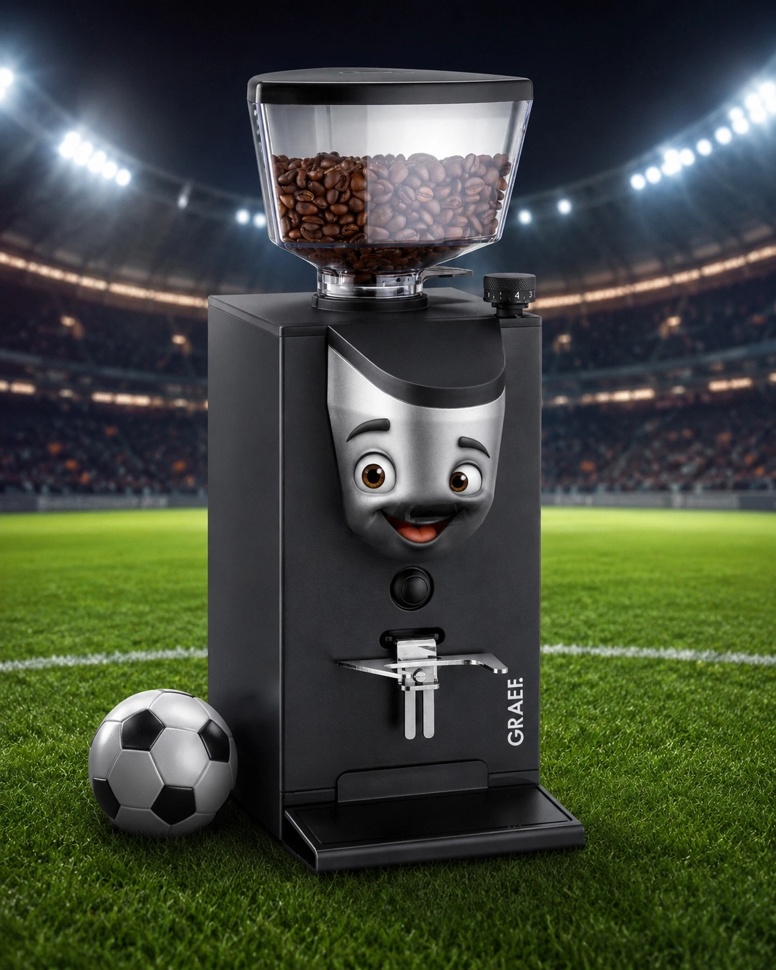 Kaffeemaschine mit Comic-Gesicht und Fußball auf dem Spielfeld