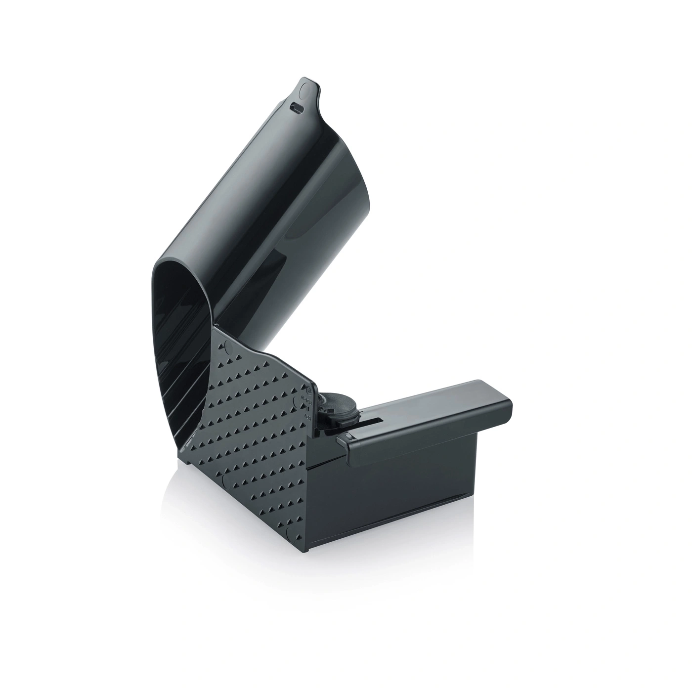 Black plastic container with triangular holes and a lid that opens upwards, isolated.