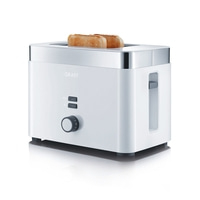 Weißer Toaster mit zwei Toastscheiben, Marke Graef, isoliert auf weißem Hintergrund.