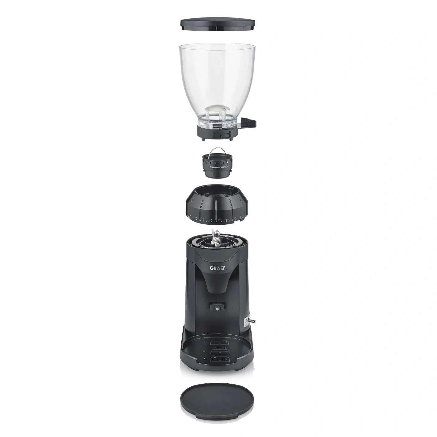Exploded view of a black coffee grinder with parts, GRAEF brand, isolated