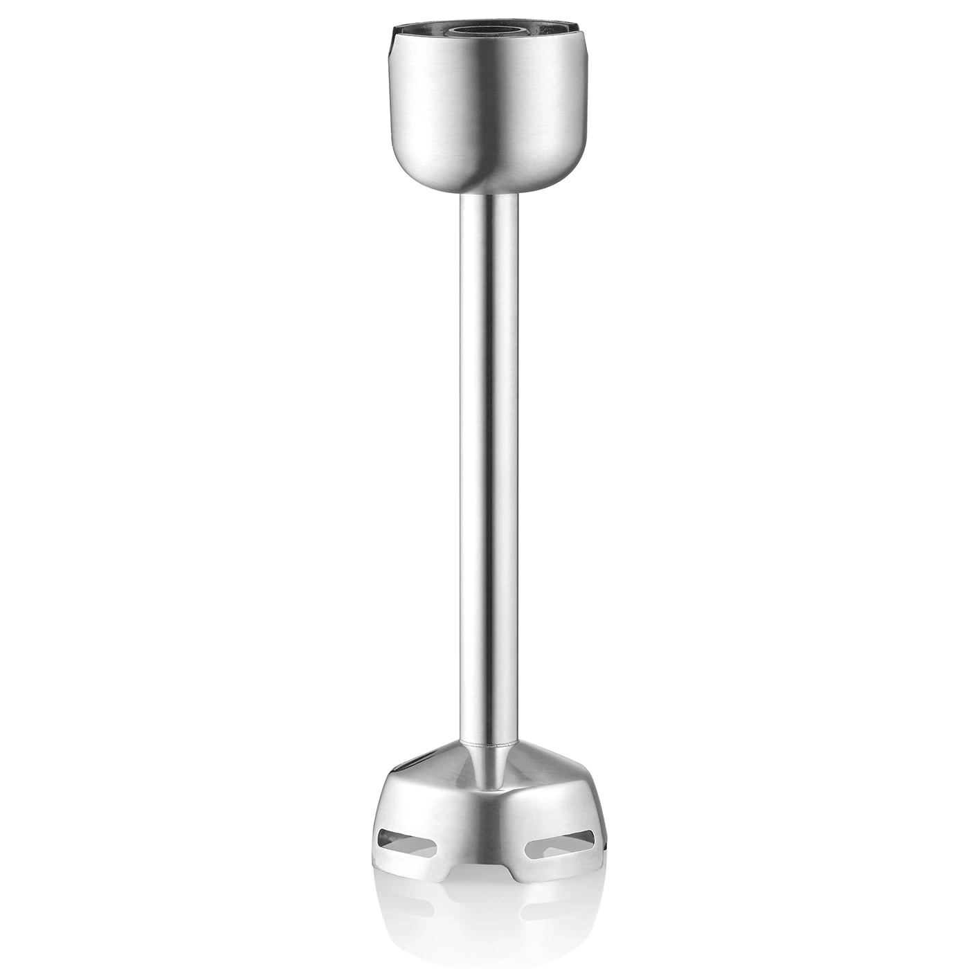 Shiny stainless steel immersion blender attachment, isolated on white background, kitchen appliance